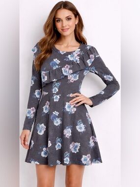 Cupshe Floral Ruffle Dress Gray Blue Long Sleeve Fit Flare Small